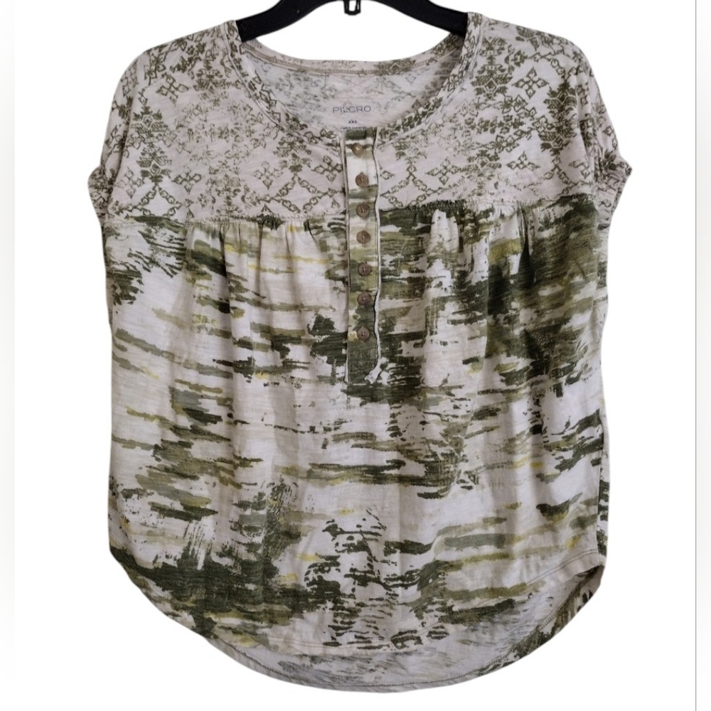 Pilcro Anthropologie Green Cream Ruched Henley Patterned Tshirt Size XXS - Picture 1 of 14